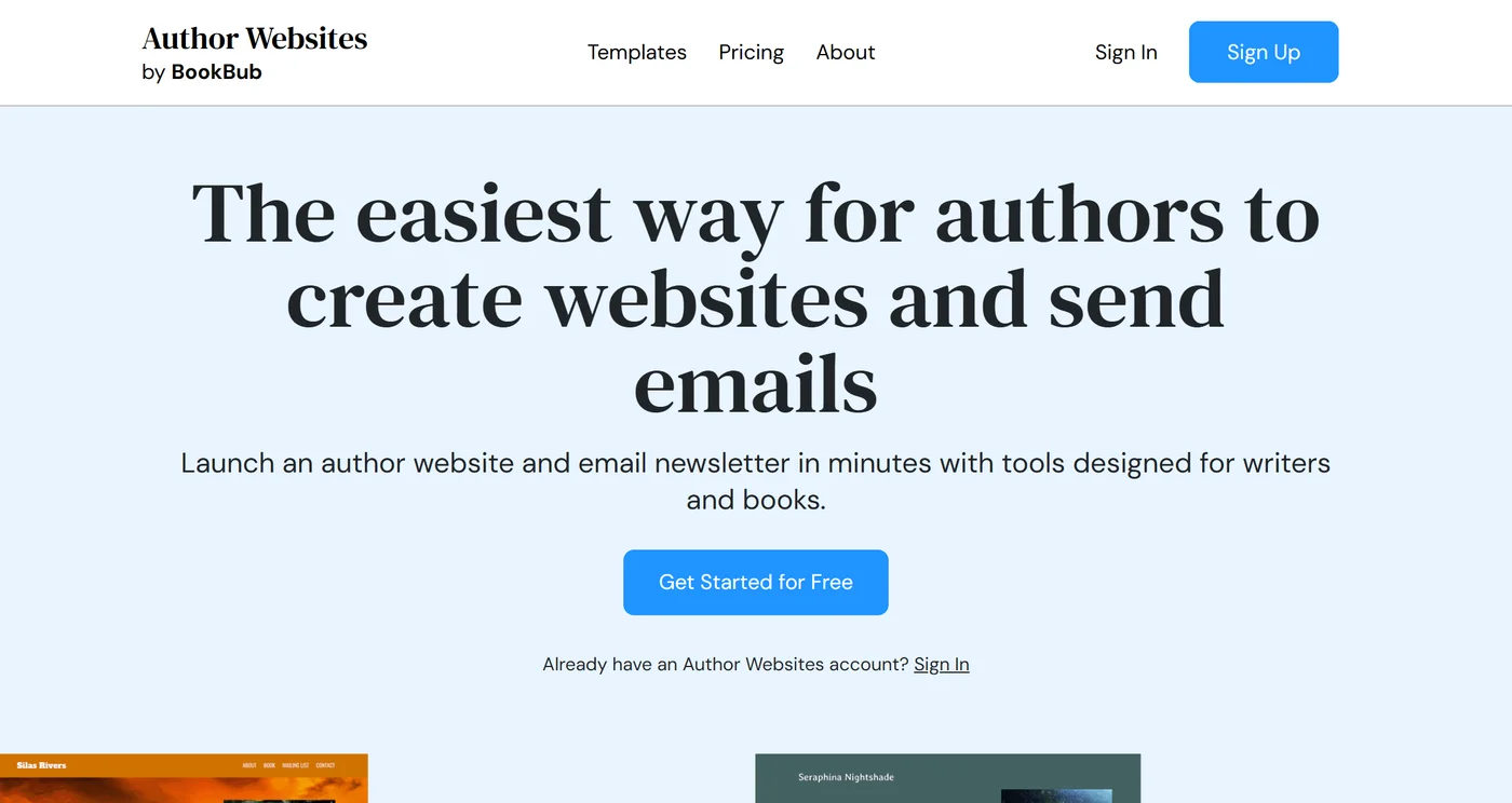Die Startseite von BookBub Author Websites mit der Überschrift The easiest way for authors to create websites and send emails