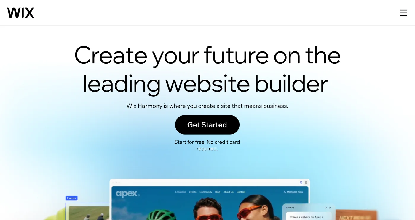 Die Startseite von Wix mit der Überschrift Create your future on the leading website builder