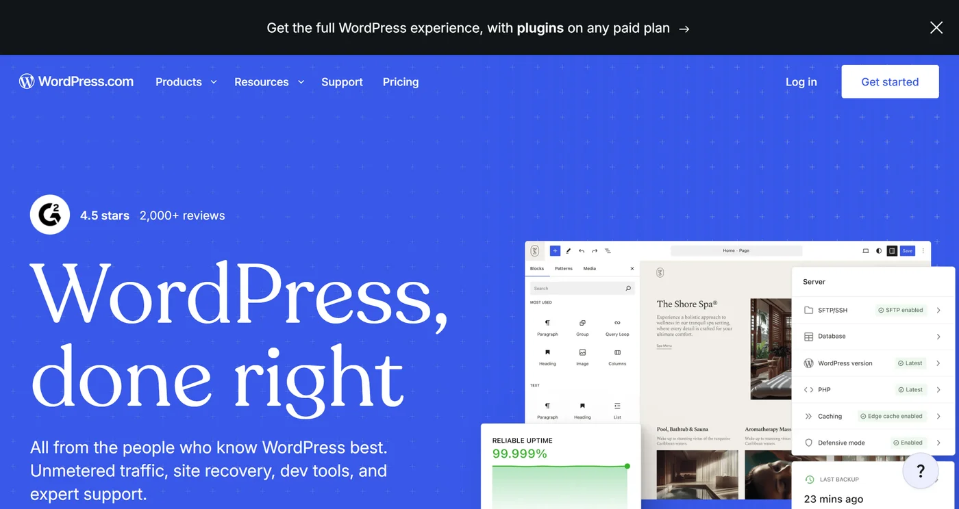 Die Startseite von WordPress.com mit der Überschrift WordPress, done right