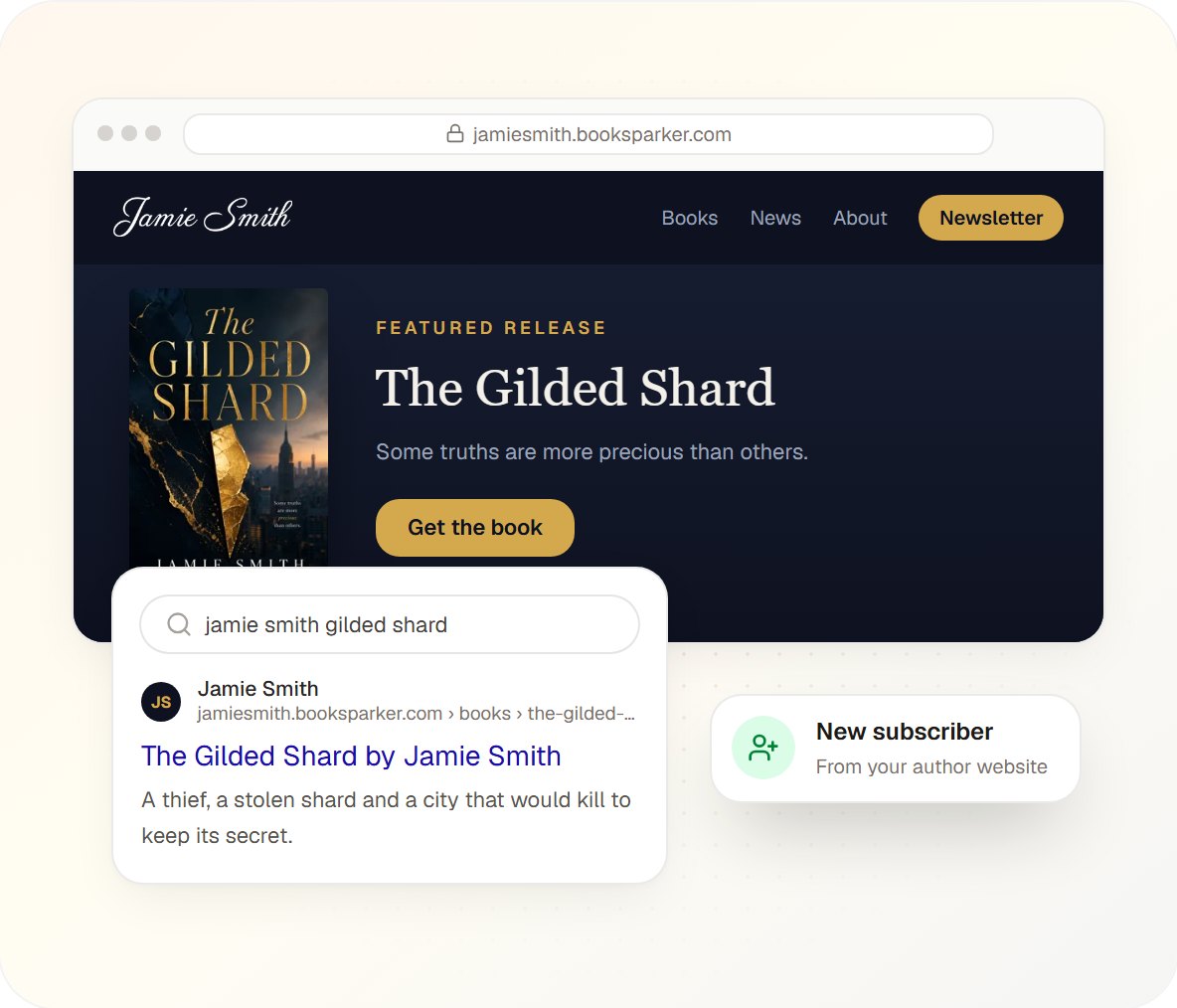 Eine Autoren-Website auf BookSparker mit hervorgehobenem Buch, Newsletter-Button und Google-Suchergebnis